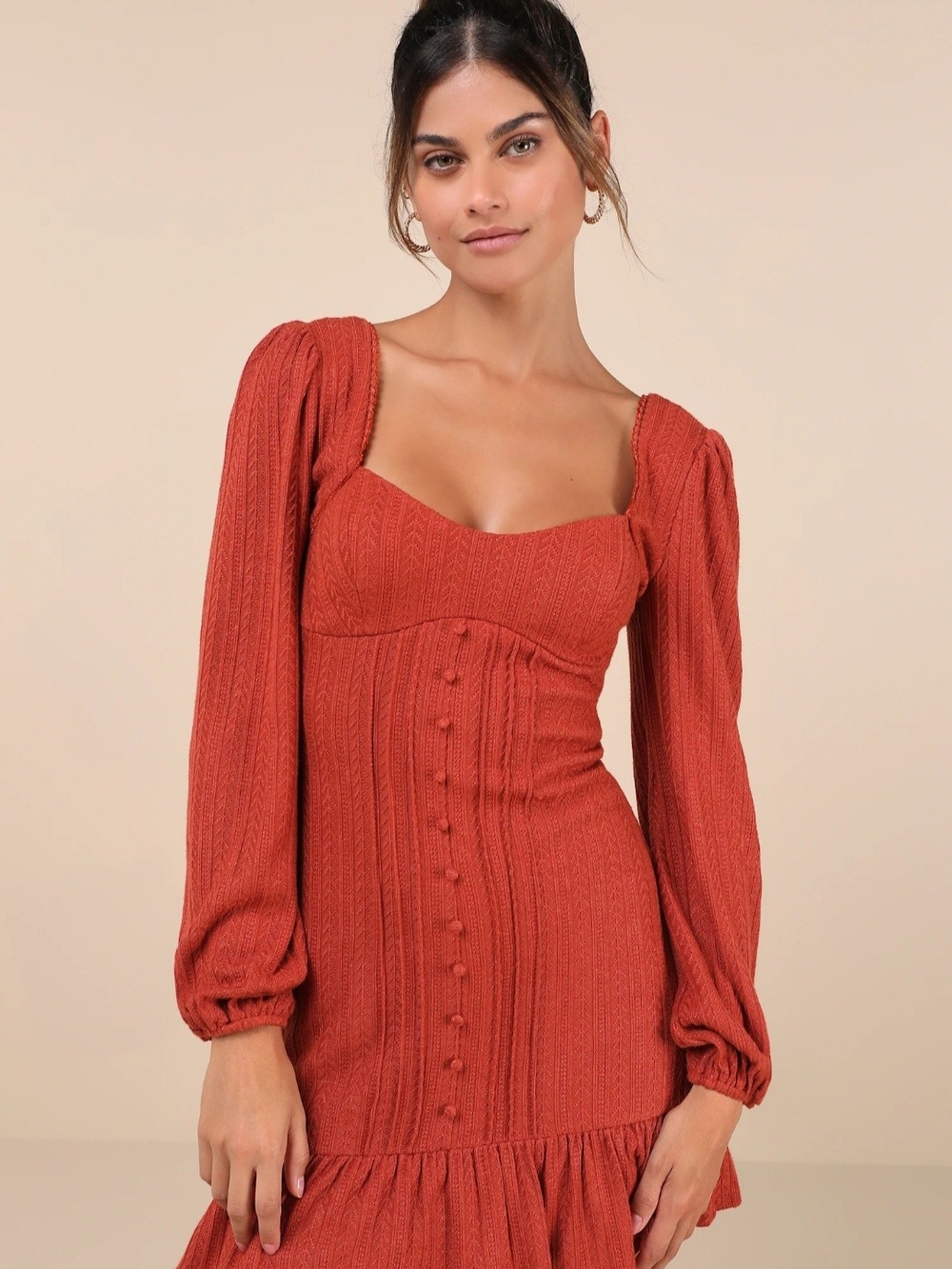 Lulu's Rust Sweetheart Long-Sleeve Knit Dress
